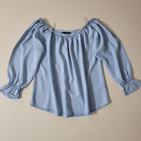 Harvé Benard Women's Off Shoulder Chambray Denim Long Sleeve Blouse - Picture 1 of 10